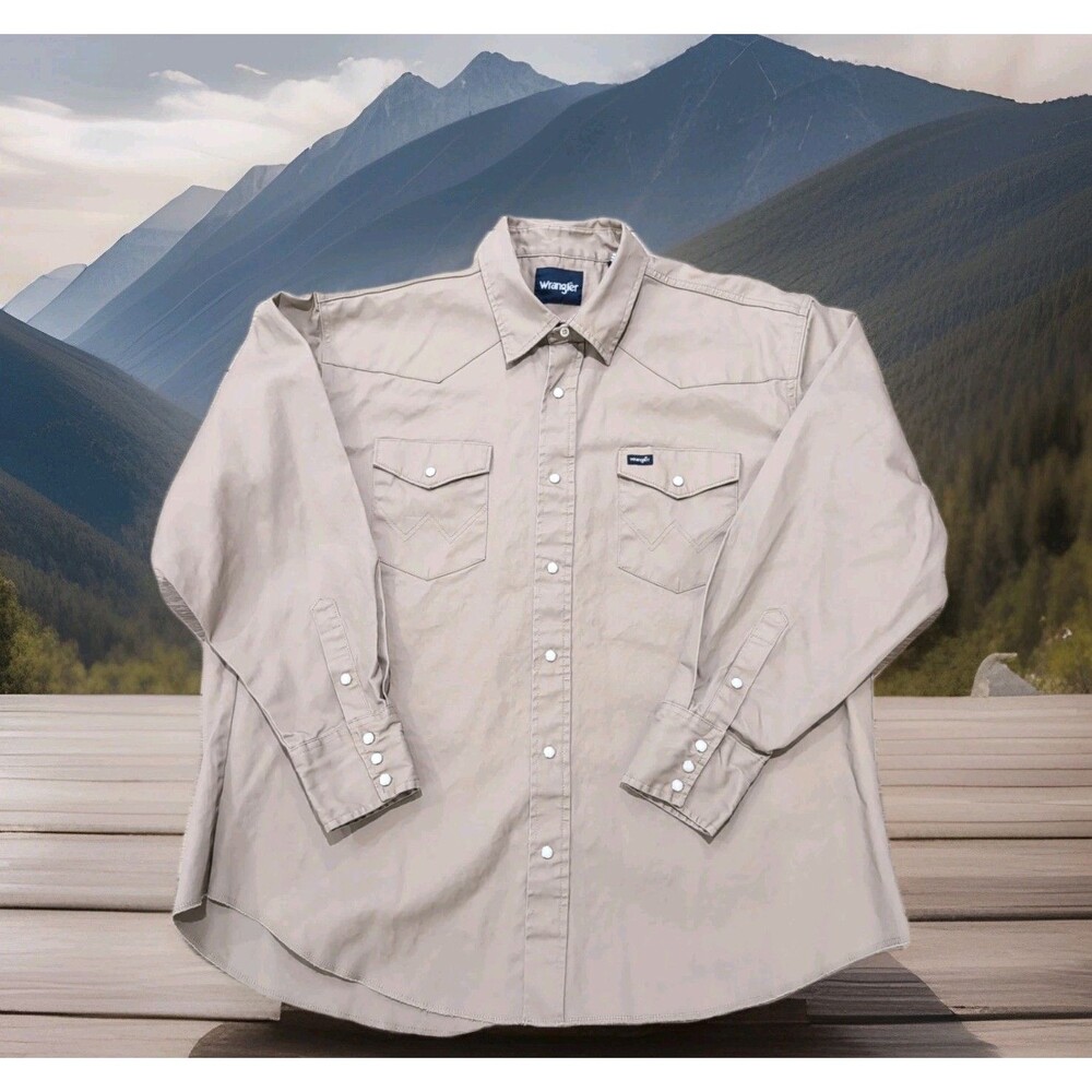WRANGLER WESTERN SHIRT KHAKI CANVAS PEARL SNAP DOUBLE SHOULDER MENS SIZE XXL EUC
